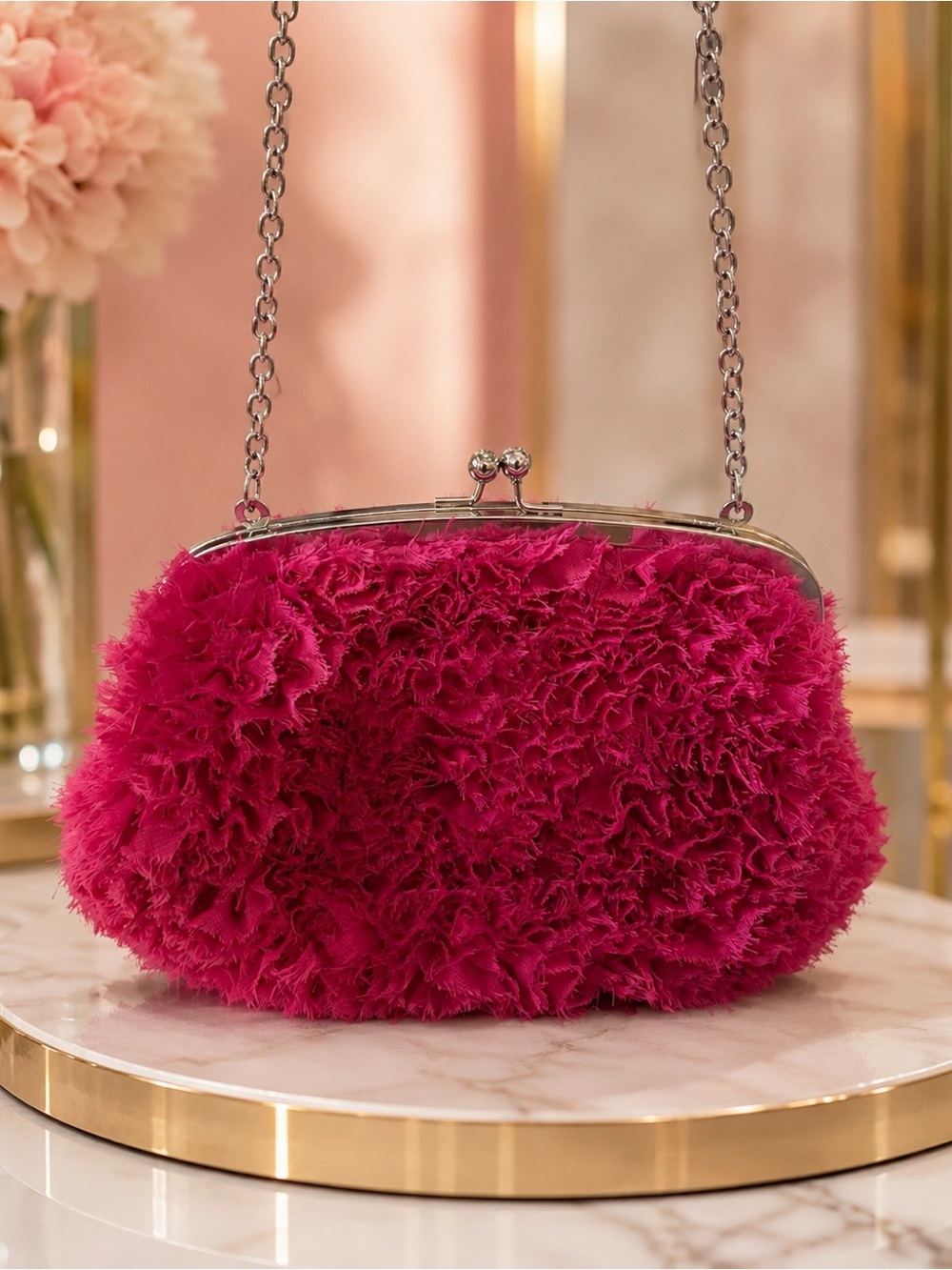 Expressions nyc Fuchsia Floral Ruffle Chain Clutch